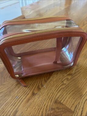 Clear Travel Toiletry Bag in Brown with Gold Zippers